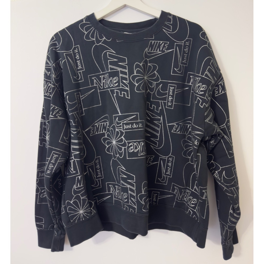 Nike Sweatshirt Womens XL Black Good All Over Print Logo Swoosh Crewneck Fleece